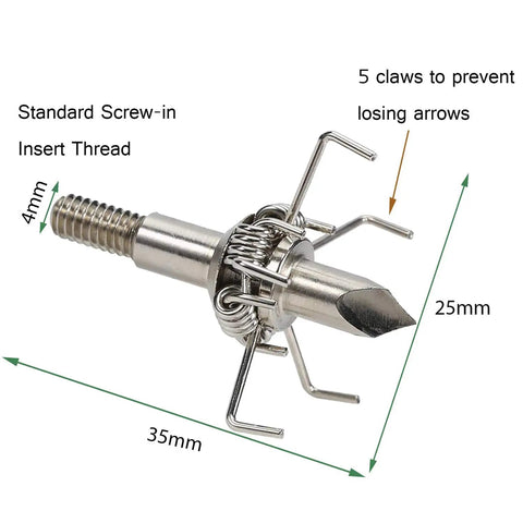 Close-up of stainless steel spring arm design in Small Game Broadheads 100 Grain Mixed Judo And Hammer 12 Pack arrow tip.