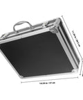 Slick Aluminum Alloy Toolbox Briefcase With Heavy Duty Hard Shell Design For Hand Tools Camera Gear And Tech Essentials Portable Equipment Rig For Pros On The Go, shown from an angle with dimensions 14.54 in x 11.20 in x 3.34 in.