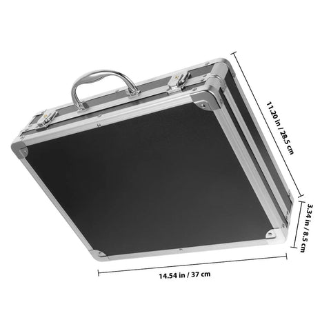 Slick Aluminum Alloy Toolbox Briefcase With Heavy Duty Hard Shell Design For Hand Tools Camera Gear And Tech Essentials Portable Equipment Rig For Pros On The Go, shown from an angle with dimensions 14.54 in x 11.20 in x 3.34 in.