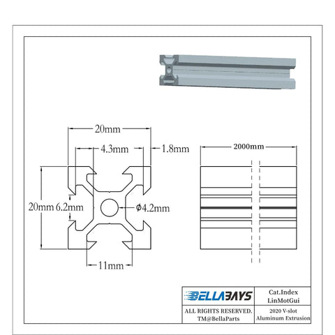 Beefy 10 Pack 2000mm 2020 V Slot Aluminum Extrusion Profiles Anodized Black European Standard cross-section diagram