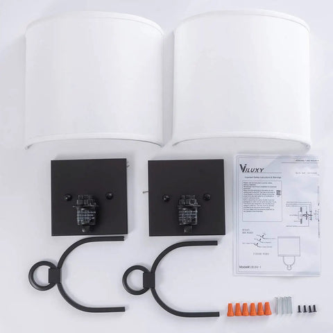 Modern Wall Sconces With White Fabric Shade Two Pack components with black metal fixtures and installation guide.