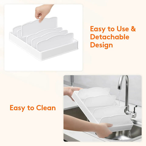 Kitchen Cabinet Lid Organizer With 6 Adjustable Dividers And 7 Sections For Lids Bowls And Containers Space Saving No Fuss Lid Holder For Pantry Fits Small To Large Containers 13 By 10 Inch, shown in use and being washed