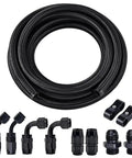 Beefed-Up 8AN Nylon Braided Fuel Line Kit With 10 Ft Of Hose And 10 Swivel Fittings, visible braided hose and fittings layout