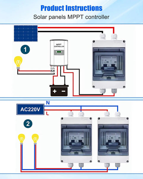 Solar panel wiring diagram with MPPT controller and AC220V circuit breaker for solar systems.