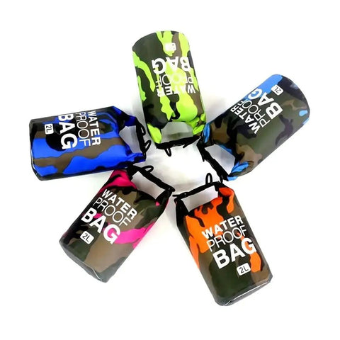 Display of five 2L waterproof dry bags in various camo colors, made of durable PVC tarpaulin, ideal for kayaking and outdoor adventures.
