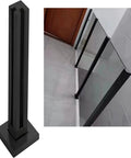 Matte Black Glass Railing System With Durable Stainless Steel Balustrade and Glass Panels for Indoor and Outdoor Use, showing a close-up of a black post next to glass panels.