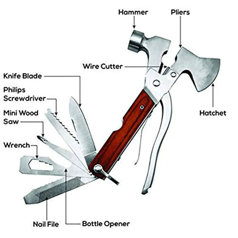 18 In 1 Multifunctional Stainless Steel Tool Set With Axe Hammer Knife Bottle Opener Screwdriver And More Free Engraving Emergency Outdoor And Home Tool For Camping Hiking And Everyday Use with labeled parts visible