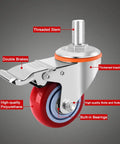 Heavy Duty Swivel Caster Wheels With Top Plate for carts, workbenches, and furniture, showing threaded stem and double brakes.