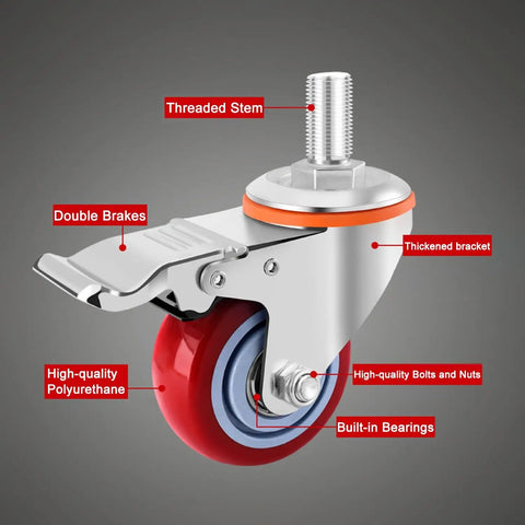 Heavy Duty Swivel Caster Wheels With Top Plate for carts, workbenches, and furniture, showing threaded stem and double brakes.