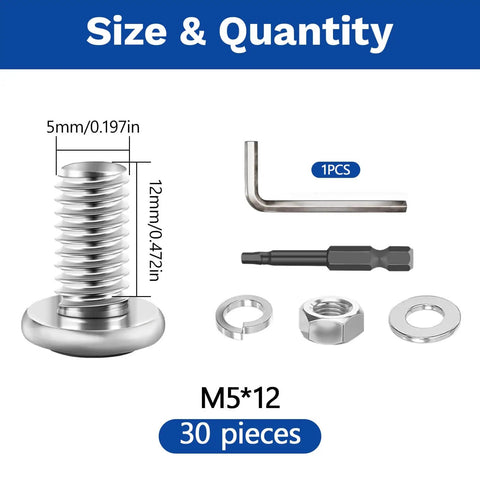 30Pcs M5 x 12mm Flat Head Hex Socket Cap Screws Set 304 Stainless Steel Fully Threaded Bolts With Hex Key And Screwdriver Bit