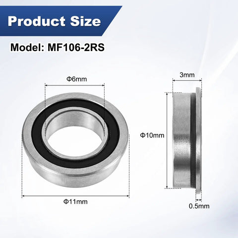 Flanged Ball Bearing 6x10x3mm 2RS Double Rubber Seal Chrome Steel GCr15 Deep Groove Bearing Multipack 20, size diagram, MF106-2RS