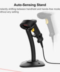 1D USB Barcode Scanner with Intelligent Stand in black, featuring flexible stand and wired connection, for seamless inventory management.