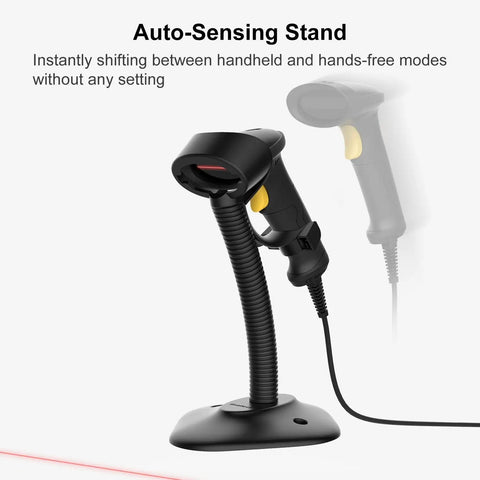 1D USB Barcode Scanner with Intelligent Stand in black, featuring flexible stand and wired connection, for seamless inventory management.