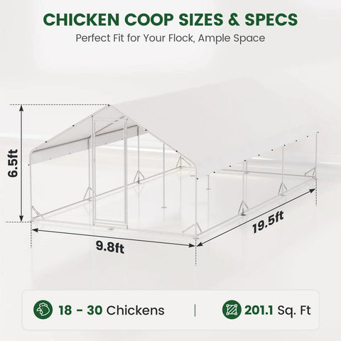 Diagram of Large Walk In Chicken Coop With Solar Light And Outdoor Metal Poultry Cage With dimensions and capacity