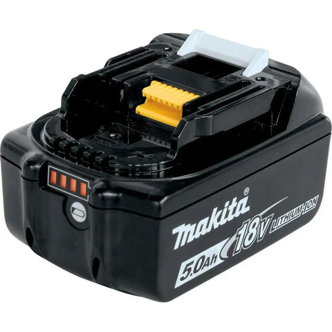 18V LXT Lithium-Ion 5.0Ah Battery With Built-In LED Charge Indicator, showing LED lights and terminals, black casing.