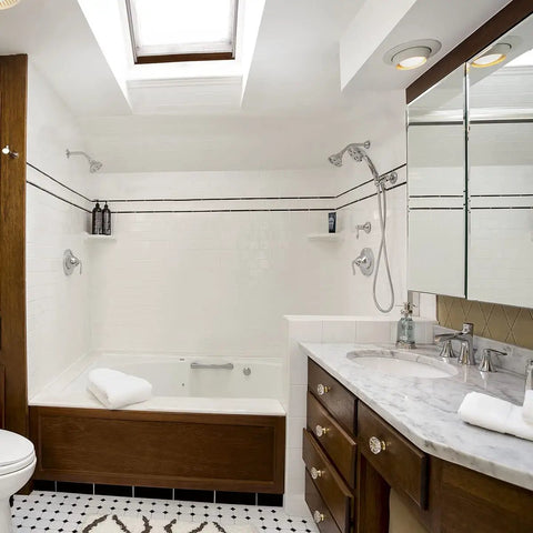 Luxurious bathroom featuring a Premium Handheld Shower Head With AnyStream 360° Technology above a marble sink countertop.