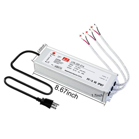 LED Driver 300W Power Transformer for Outdoor LED Lighting 12V DC Output Up To 25A IP67 Waterproof with power cord