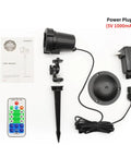 Outdoor RGB Laser Lights Projector with accessories, including remote control and power plug, for Christmas decorations.