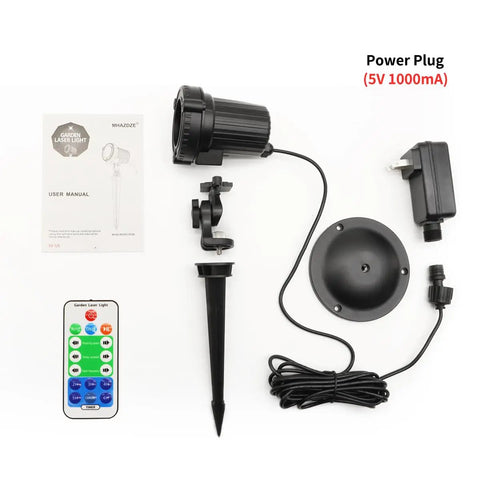 Outdoor RGB Laser Lights Projector with accessories, including remote control and power plug, for Christmas decorations.