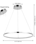 Round Hoop LED Pendant Light With Integrated Dimmable LEDs, adjustable height, modern chrome finish, dimensions displayed