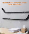 2 Pack Hockey Stick Wall Mount Rack Duo on office wall, clear acrylic horizontal display holder with anti scratch pad