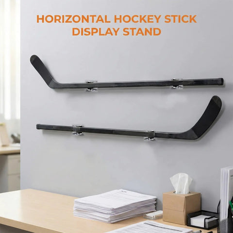 2 Pack Hockey Stick Wall Mount Rack Duo on office wall, clear acrylic horizontal display holder with anti scratch pad