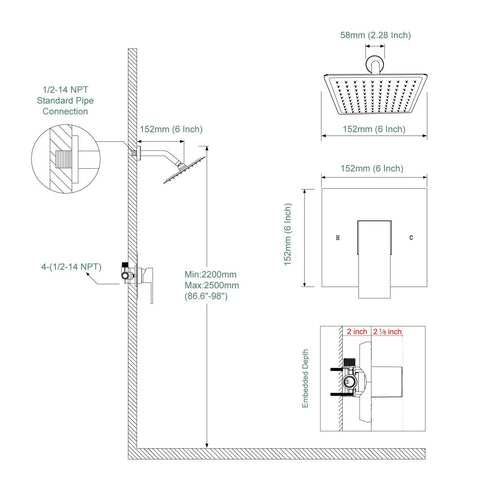 Metal Fixed Showerhead Set With Wall Mounted Rainfall Shower Head And Handheld Sprayer In Brushed Nickel Finish dimensions diagram