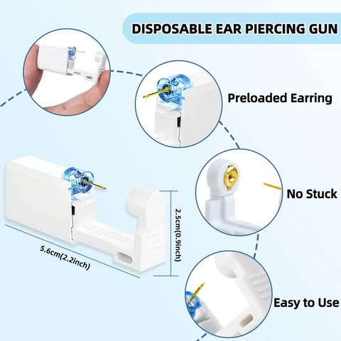 All In One Ear Piercing Kit With Disposable Piercing Guns And Cubic Zirconia Stud Earrings Eight Guns Three Styles Of CZ Earrings And 3mm Ball Ear Studs Cleaning Wipes For Safe At Home Piercing Gold disposable ear piercing gun, 5.6cm x 2.5cm