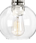 Close-up of a clear glass globe shade and bulb from the Hansford 4 Light Bath Vanity Fixture In Polished Nickel With Glass Globe Shades For Urban Industrial Vibe Bathroom Lighting In A Modern Master Bath Perfect For Contemporary Bathrooms