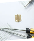 Mini Jewelry Box Hinges Set With Screws 40 Pcs 270 Degree Cabinet Hinges shown with screwdrivers on white background
