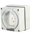 Heavy Duty IP66 Weatherproof Outdoor Power Outlet With Rugged Three Prong Connector For Backyard Setups And Tool Sheds Molded From Flame Retardant Polycarbonate Housing close-up view with flip cover open.