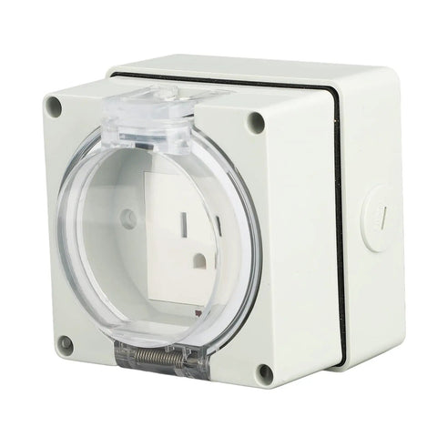 Heavy Duty IP66 Weatherproof Outdoor Power Outlet With Rugged Three Prong Connector For Backyard Setups And Tool Sheds Molded From Flame Retardant Polycarbonate Housing close-up view with flip cover open.