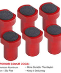 Six Pack Clamp Set For 3/4 Inch 19mm Workbench Holes With Non Slip Pads And Durable Aluminum Alloy MFT Stops, shown in red