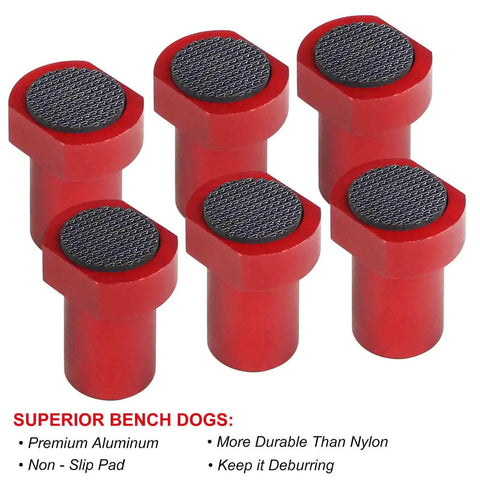 Six Pack Clamp Set For 3/4 Inch 19mm Workbench Holes With Non Slip Pads And Durable Aluminum Alloy MFT Stops, shown in red
