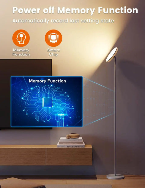 71 Inch Tall LED Floor Lamp With Remote And Touch Control 42W 3700LM shown with memory function display in living room.