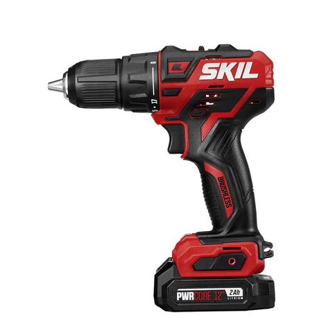 Two Tool Cordless Drill And Right Angle Impact Kit with 12V Brushless Power, featuring red 1/2 inch drill driver
