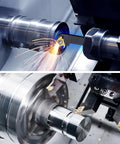 Indexable carbide lathe turning tool kit with 1/2in (12mm) shank; front view shows cutting with sparks, side view shows tool in chuck