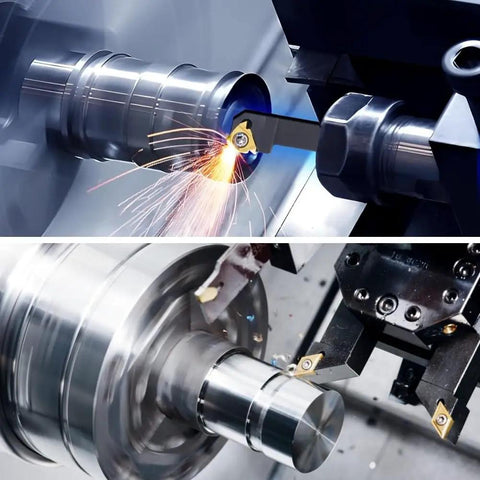 Pro Grade Lathe Turning Tool Kit With Half Inch Shank, featuring 7 metal lathe holders and 14 indexable carbide inserts in use on metal workpiece