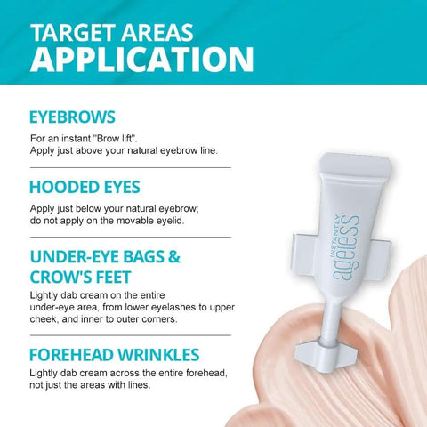 Instructions for Instant Face Lift Cream For Anti Aging Skin Care That Lifts And Tightens Smooths Wrinkles Banishes Puffy Under Eye Bags No Eye Patches Needed Quick At Home Facelift In A Box Of 25 Vials application on key facial areas.