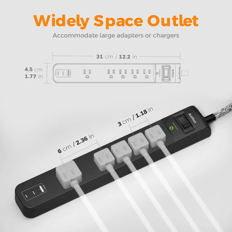 8 In 1 Power Strip Surge Protector With 5 Widely Spaced Outlets, 3 USB Ports, shown with size dimensions and flat plug