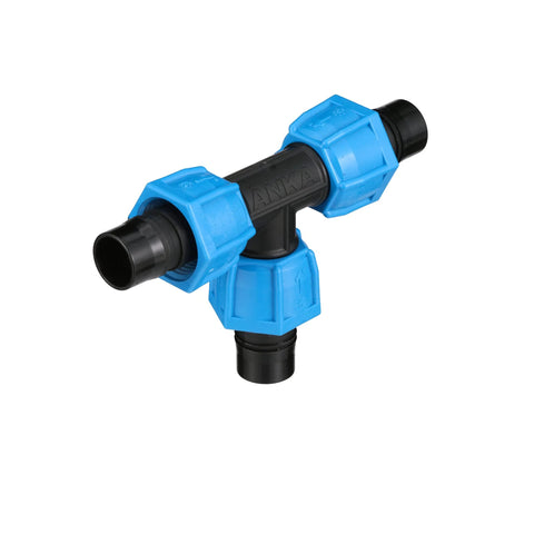 Watts ANKA high-pressure poly-pipe tee, 1in x 1in x 1in, blue nut seals, glass-fiber reinforced nylon