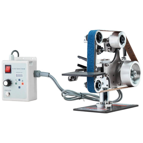 Heavy Duty Belt Grinder Sander With Smooth Operator Variable Speed VFD And 550 Watt Motor showing variable speed control and blue sanding belt.