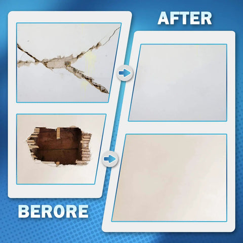 Before and after images showing Large 10 By 10 Inch Drywall Patch Kit Self Adhesive Fiberglass Wall Patch repairing holes.