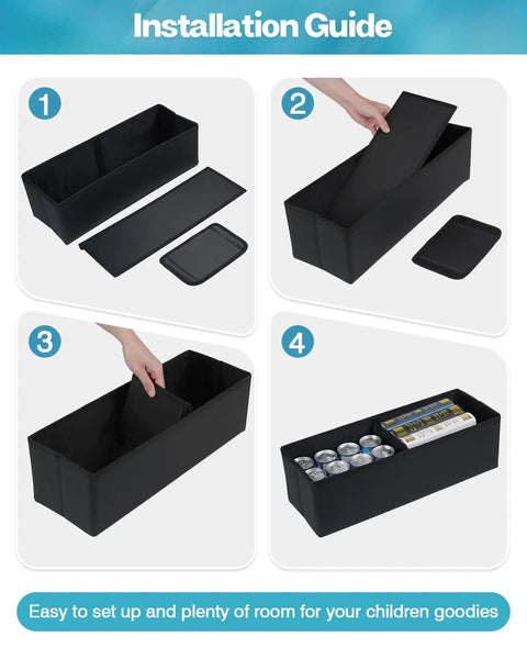 Installation guide for Kia Telluride Backseat Organizer And Console Storage Bin For Car Travel with assembly steps and storage example