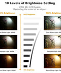 Brightness settings of Clip On LED Desk Lamp With 360 Degree Flexible Gooseneck Eye Caring Night Light USB Powered Dimmer 3 Color Modes And 10 Brightness Levels, showing cool, daylight, and warm light modes at 10% and 100% brightness.