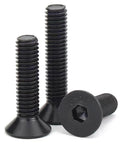 Flat Head Socket Cap Screws M1.6 X 5mm, 10.9 Grade Alloy Steel, DIN 7991, Black Oxide Finish, Allen Drive, trio view.