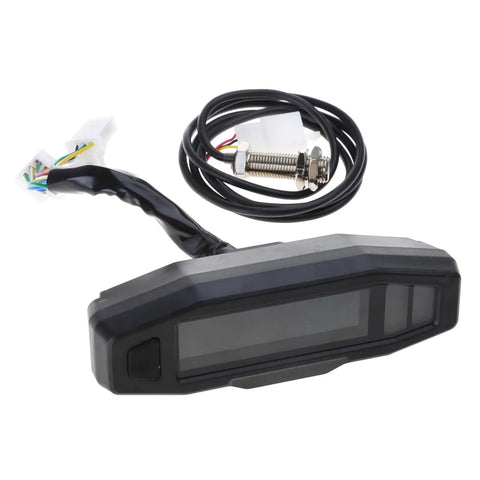 Digital Motorcycle Speedometer Gauge With LCD Display Odometer RPM And Fuel Gauge Backlit White Readout For Most Motorcycles device shown