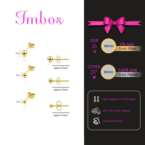 14K Gold Plated Ball Stud Earrings Set for Multiple Piercings High Polish Finish Hypoallergenic Round Ball Studs in 3Mm 4Mm 5Mm Sizes Cute Everyday Jewelry Trio for Women, 3mm 4mm 5mm