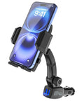 No Sweat Dual Usb Car Phone Mount That Slides Right Into Your Cigarette Lighter Socket For Easy Navigation And Fast Device Charging On Weekend Rides, holding a smartphone.