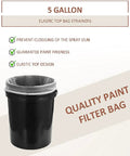 50 Pack 5 Gallon Paint Strainer Bags With Elastic Top, Fine Mesh White Filter Bags shown on black bucket